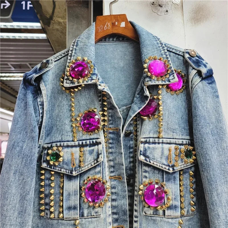 Streetwear Diamonds Rivet Big Pocket Long Sleeve Denim Jacket Women Casual Cowboy Outerwear Loose Short Jeans Jacket Coat Female