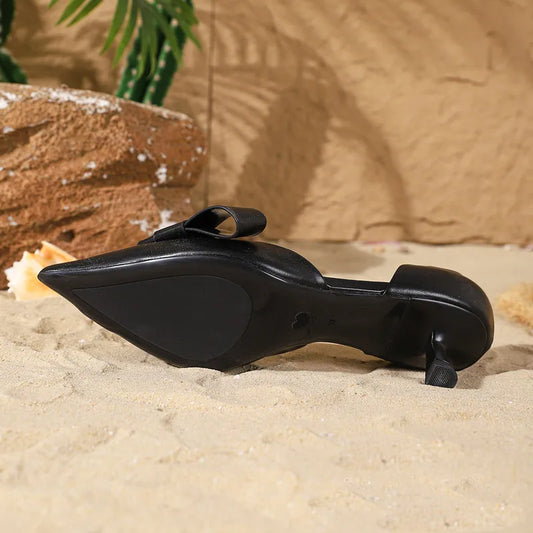 Elegant Black Pointed Toe High Heels Women Fashion Shallow Bow Kitten Heel Designer Shoes Comfortable Soft Leather Office Shoes