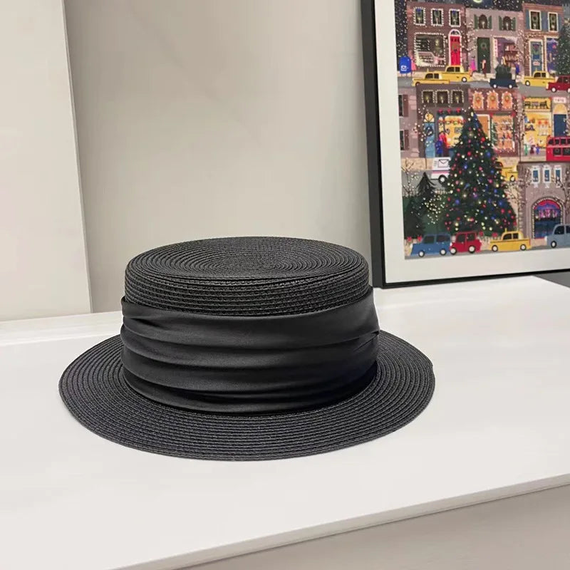 Woman 5cm Wide Brim Straw Top Hat Female Sunshade Billycock Advanced Satin Decorative Outdoor Sun Beach Caps