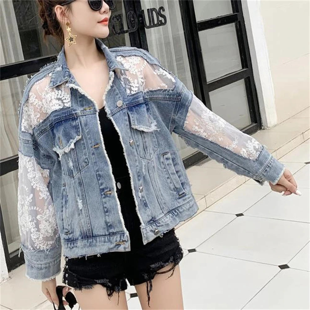 Denim Jacket Women Casual Long Sleeve Coat Lace Patchwork Jeans Tops Women Sexy Perspective Embroidery Flower Outerwear Spring