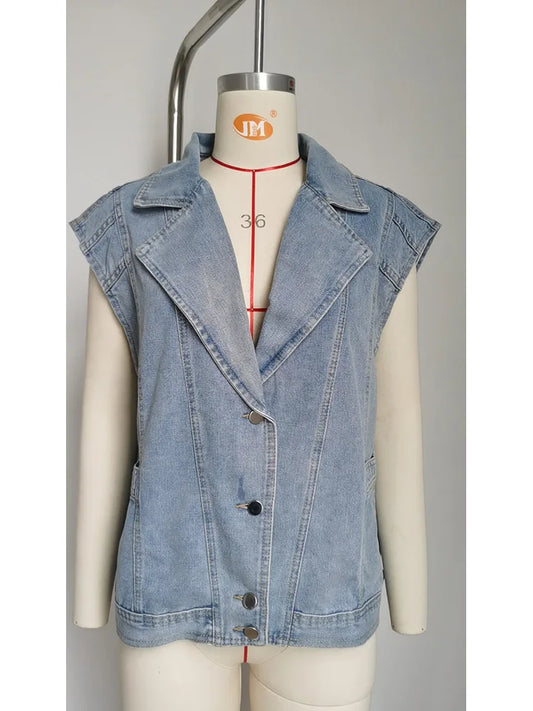 Benuynffy Notched Neck Washed Denim Vest Women Vintage Loose Single Breasted Sleeveless Jeans Vest Jacket Woman Spring New 2024