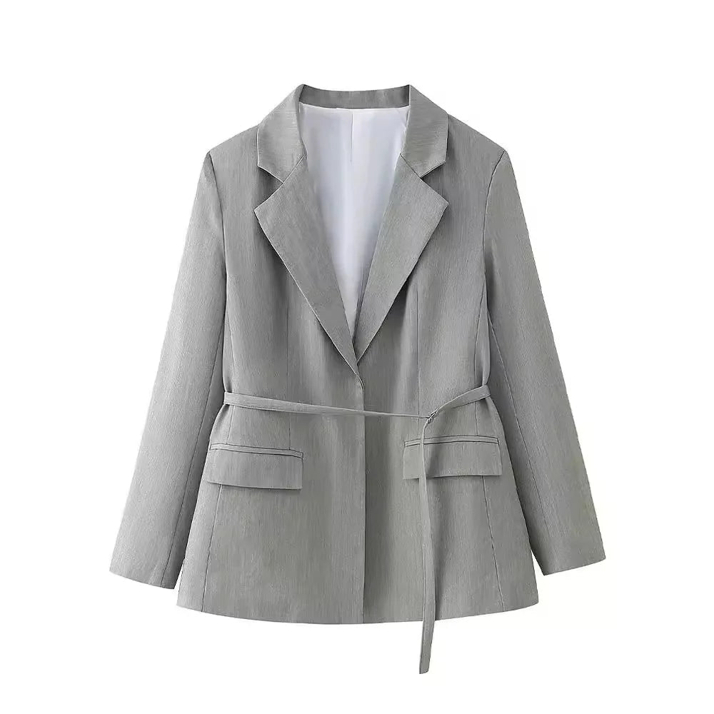 Elegant Lapel Coat Women's Long Sleeve Pocket Tie Women's Coat Summer Chic Office Women's Coat
