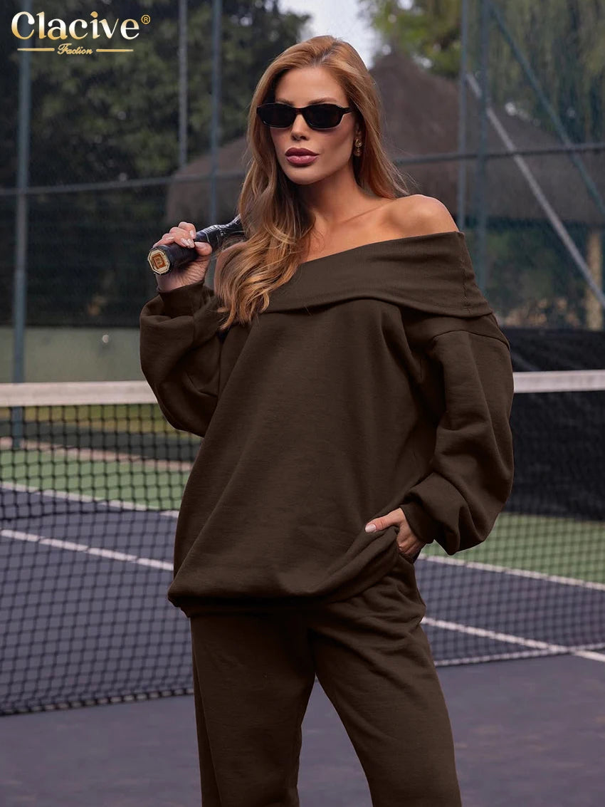 Clacive Fashion Loose Brown 2 Piece Set Women 2025 Winter Long Sleeve Shirt With High Waist Wide Pants Set Female Streetwear