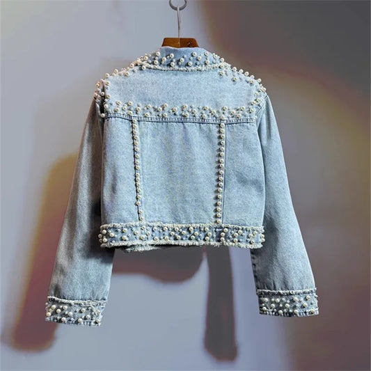 Autumn Women Vintage Light Blue Short Denim Jacket Pearl Beading Frayed Burrs Pocket Long Sleeve Jeans Jacket Coat Streetwear