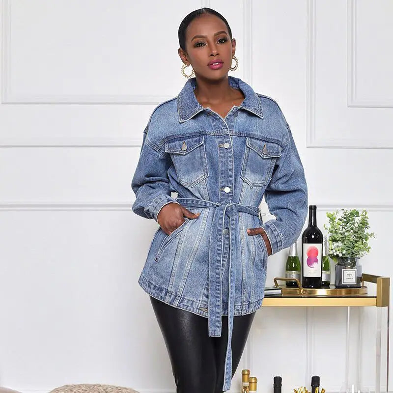 Denim Coat Women Mid Length Coats Turn Down Collar Y2k Jackets Open Stitch Lace Up High Waist Single Breasted Jackets Streetwear