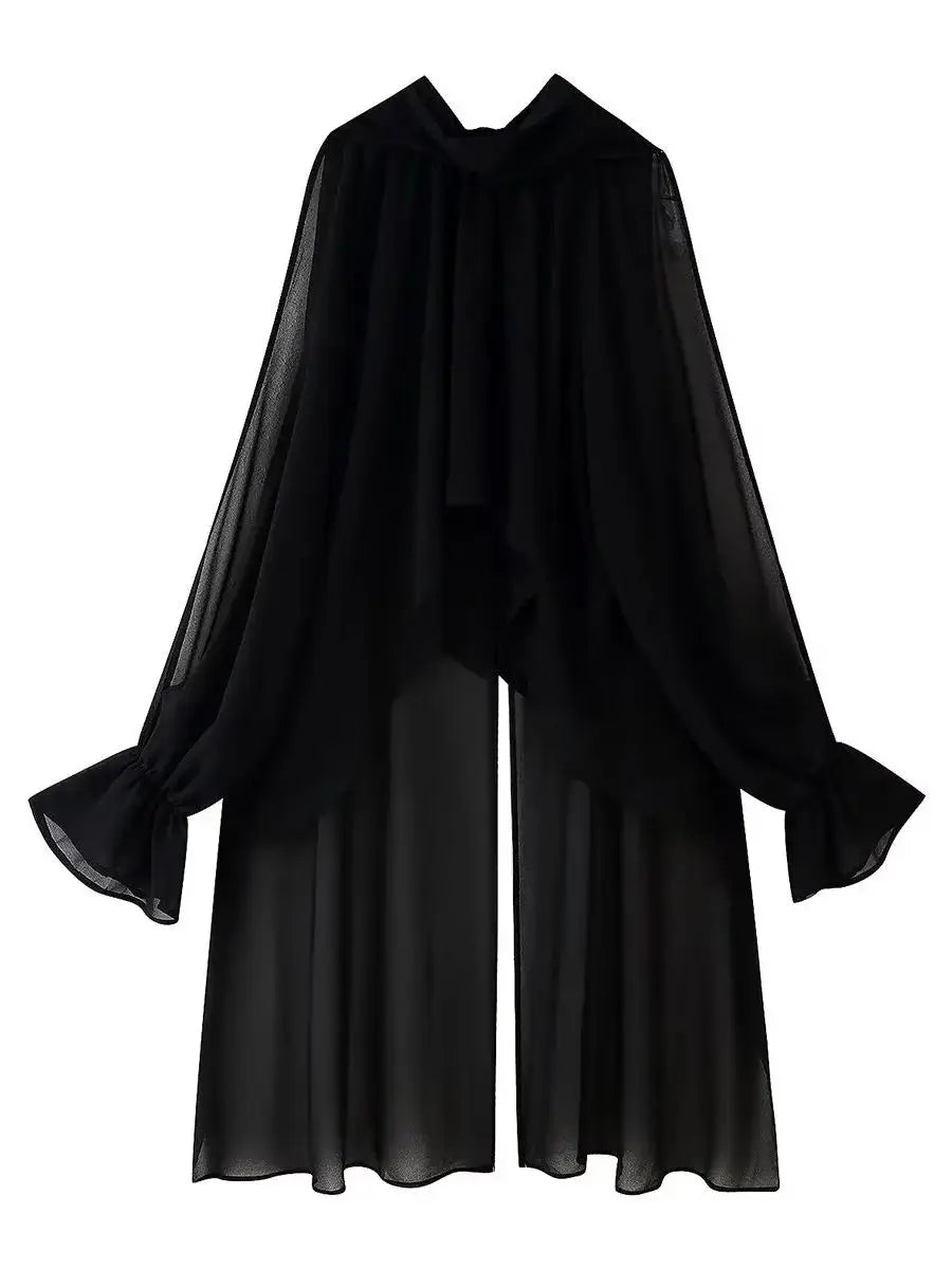 2025 Summer Women's Vintage Translucent Black Flare Sleeve Ruffles Tierred Shirts Lady Elegant Chiffon High Neck Layered Blouses
