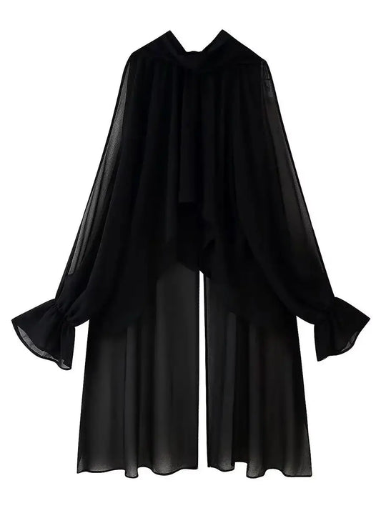 2025 Summer Women's Vintage Translucent Black Flare Sleeve Ruffles Tierred Shirts Lady Elegant Chiffon High Neck Layered Blouses