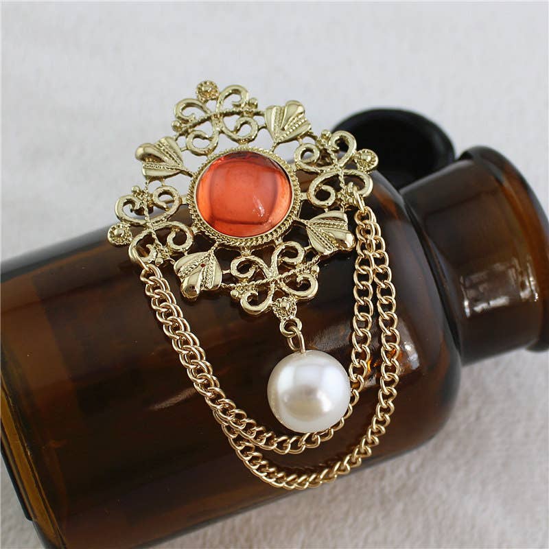 Retro Filigree Brooches with Dangling Chains and Pearls