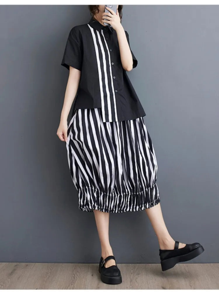 Summer Striped Print 2 Two Piece Set Women Irregular Patchwork Fashion Ladies Cropped Shirts Loose Casual Pleated Woman Skirts