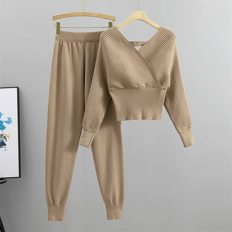 Off the shoulder sweater rib knit cozy Lounge Set
