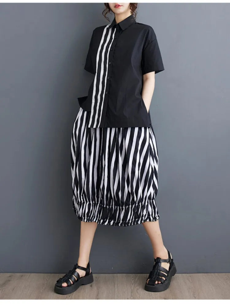 Summer Striped Print 2 Two Piece Set Women Irregular Patchwork Fashion Ladies Cropped Shirts Loose Casual Pleated Woman Skirts