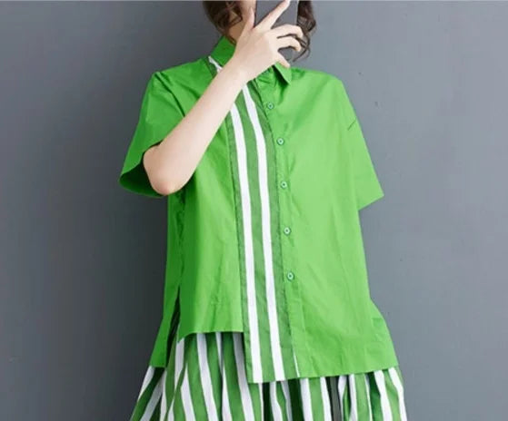 Summer Striped Print 2 Two Piece Set Women Irregular Patchwork Fashion Ladies Cropped Shirts Loose Casual Pleated Woman Skirts