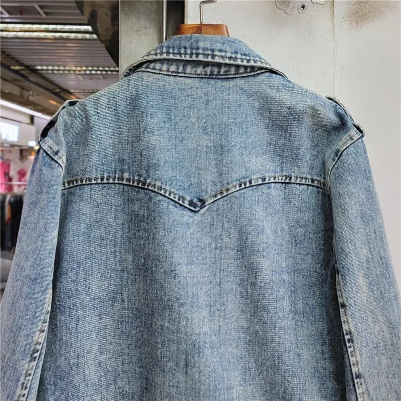 Streetwear Diamonds Rivet Big Pocket Long Sleeve Denim Jacket Women Casual Cowboy Outerwear Loose Short Jeans Jacket Coat Female