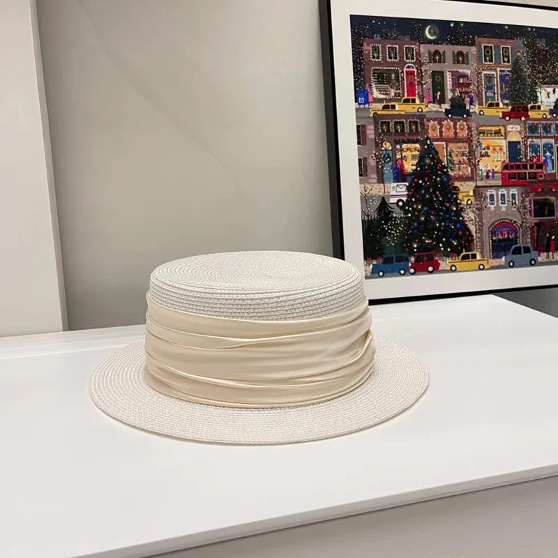 Woman 5cm Wide Brim Straw Top Hat Female Sunshade Billycock Advanced Satin Decorative Outdoor Sun Beach Caps