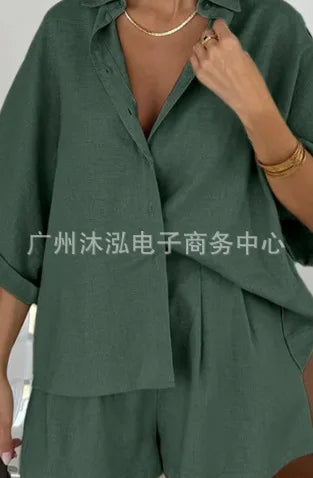 Summer Women's Casual Collar Half Sleeved Top Shorts Two-piece Set 2025 Solid Color Simple T-shirt Top+shorts Set For Wearing