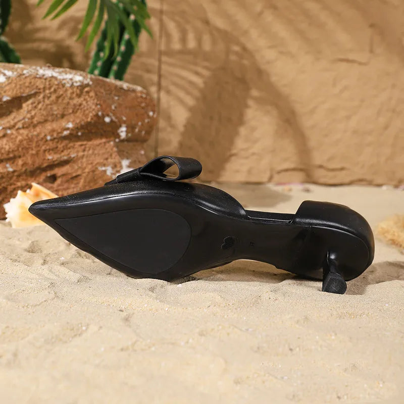 Elegant Black Pointed Toe High Heels Women Fashion Shallow Bow Kitten Heel Designer Shoes Comfortable Soft Leather Office Shoes