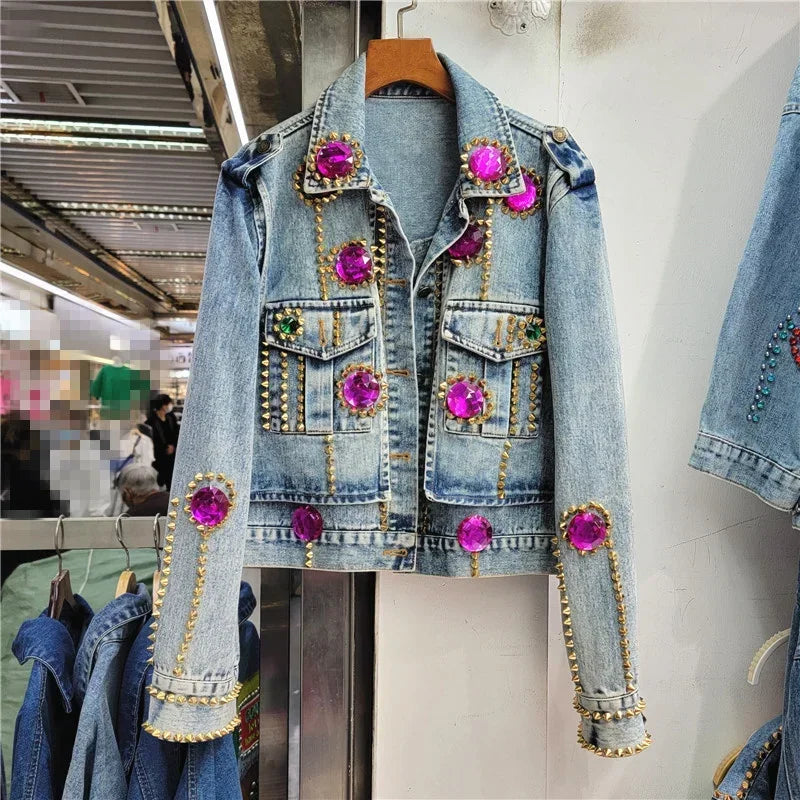 Streetwear Diamonds Rivet Big Pocket Long Sleeve Denim Jacket Women Casual Cowboy Outerwear Loose Short Jeans Jacket Coat Female