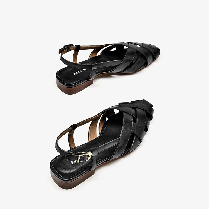 BEAUTODAY Gladiator Sandals Women Cow Leather Cross-tied Cover Pointed Toe Buckle Strap Flats Summer Ladies Shoes Handmade 33034