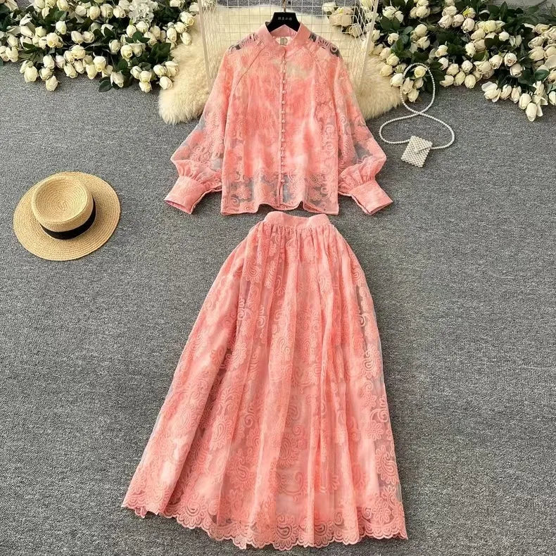 Elegant 2 Piece Long Dress Women Skirt Set Summer Autumn Flower Embroidery Hollow Out Lace Shirt A Line Midi Skirt Party Dresses