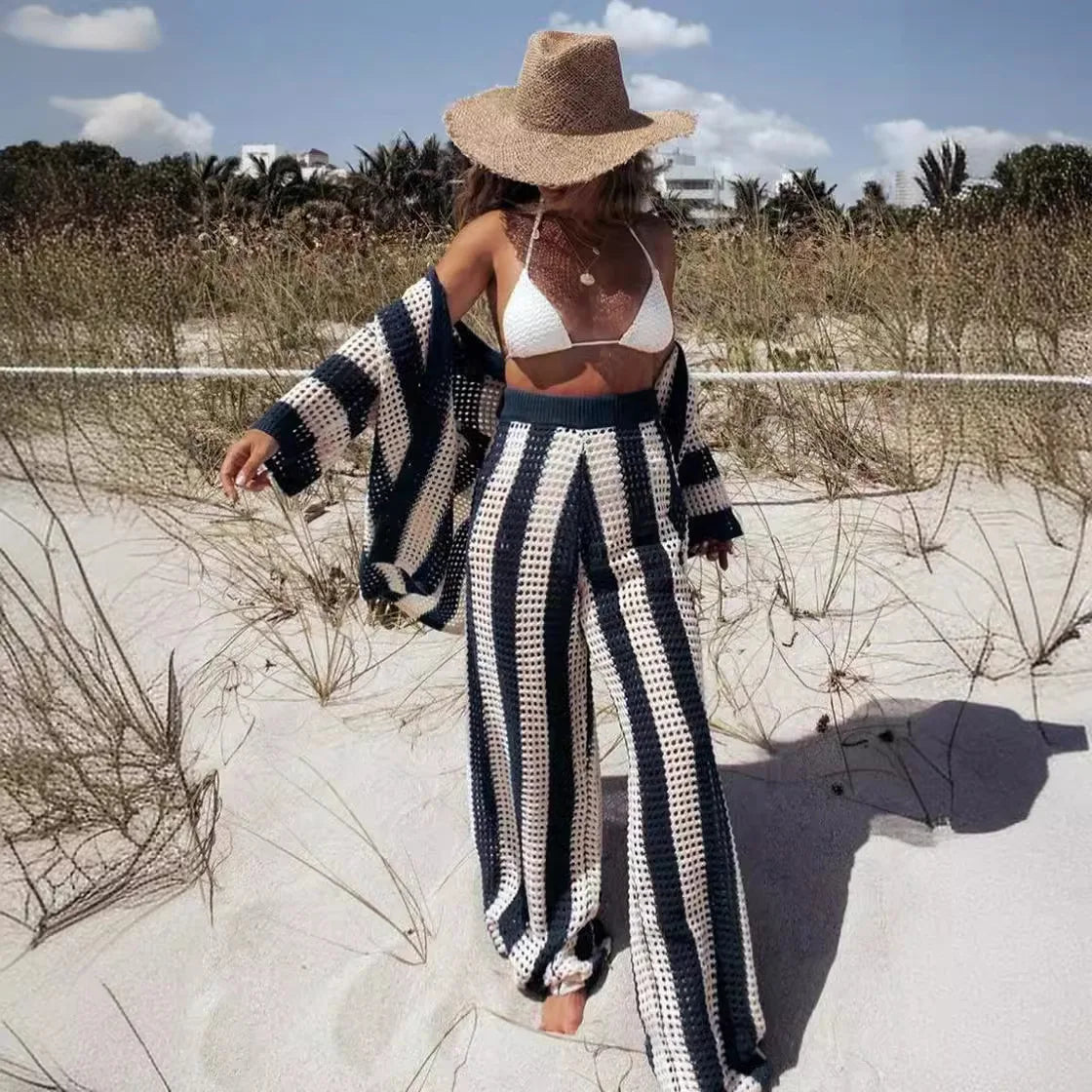 Summer Fashion V-Neck Hollow Striped Shirt Loose Knitted Wide Leg Pants Set Women