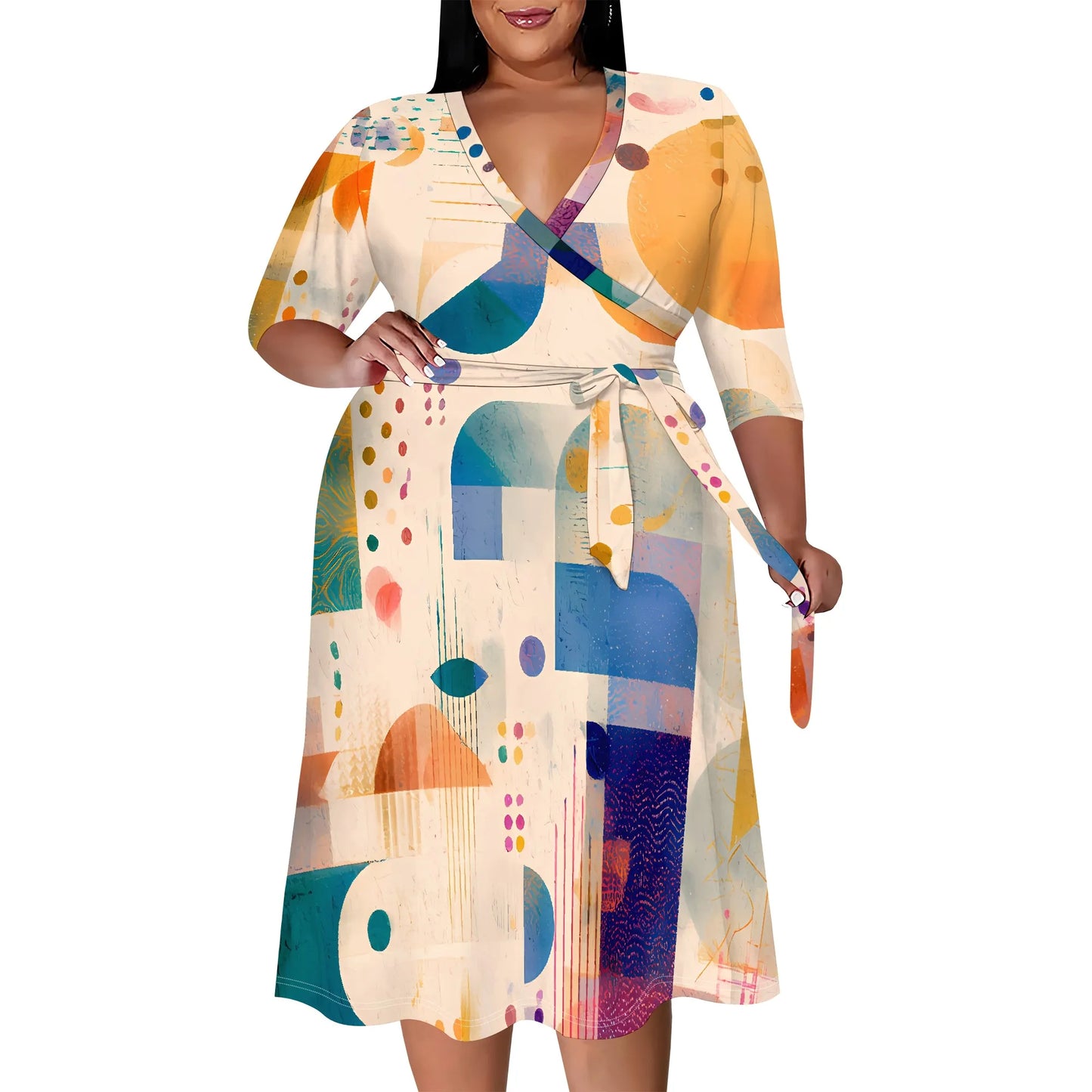 Plus Size V-Neck Wrap Midi Dress Abstract Dot Print Artistic Style Half Sleeve Summer Look