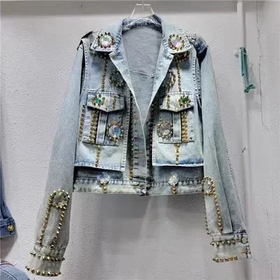 Streetwear Diamonds Rivet Big Pocket Long Sleeve Denim Jacket Women Casual Cowboy Outerwear Loose Short Jeans Jacket Coat Female