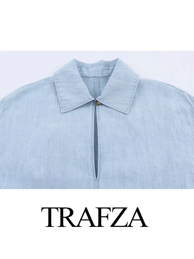 HH Summer Women Fashion Turn-down Collar Long Sleeve Shirts+Slim Zipper Button Pockets Straight Pants Denim 2-Piece Set