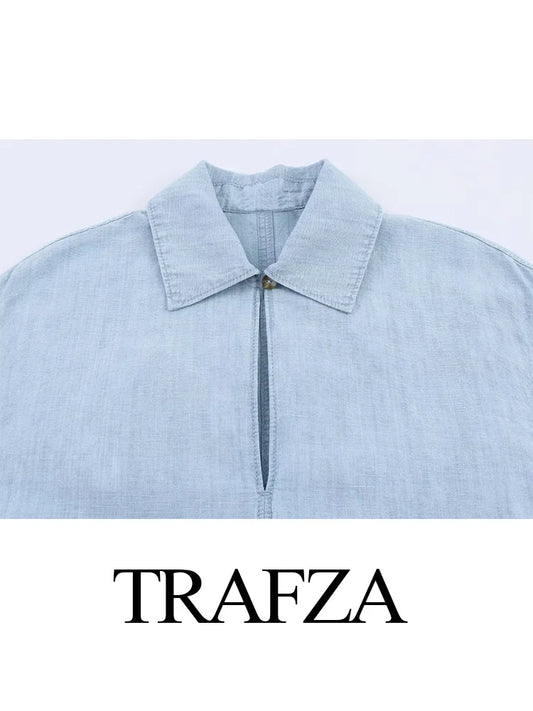 HH Summer Women Fashion Turn-down Collar Long Sleeve Shirts+Slim Zipper Button Pockets Straight Pants Denim 2-Piece Set