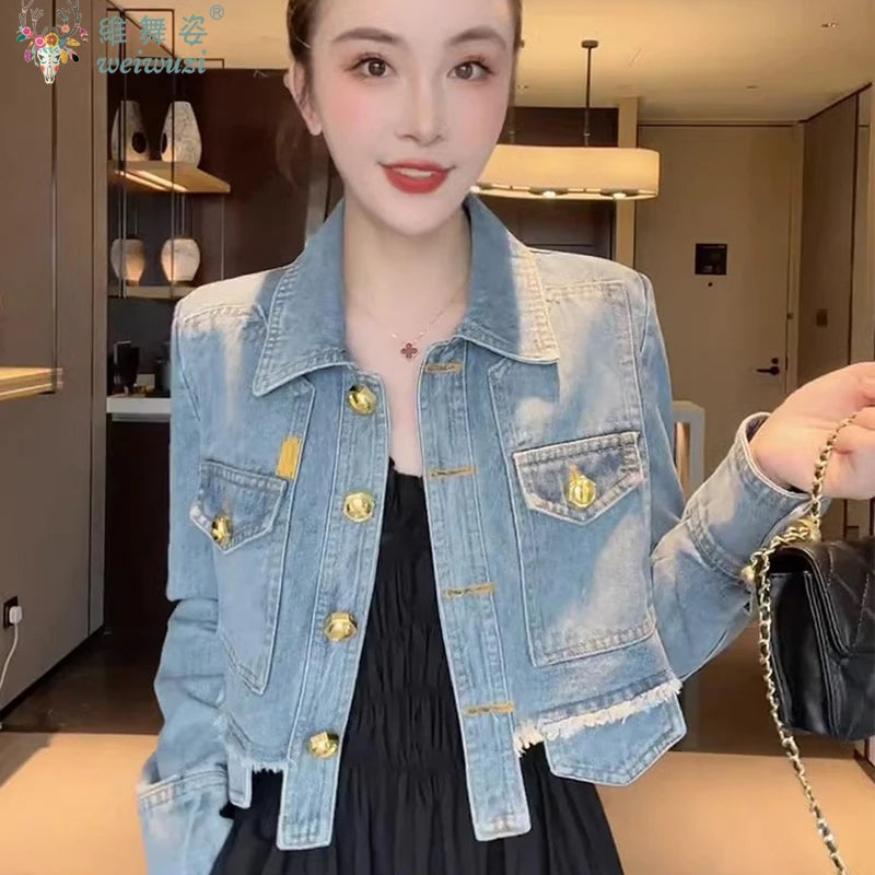 Fashion Women Short Denim Jacket Practical Pocket Causal Jean Coat Autumn Top Versatile Street Wear Long Sleeve Short Outerwear