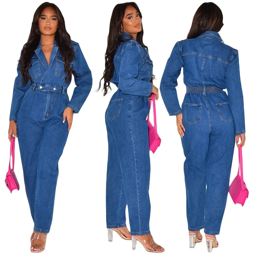 Jumpsuit Women Denim Overalls Vintage One Pieces Jeans Stretch Long Sleeve Casual Romper Overalls Streetwear Female Jumpsuits