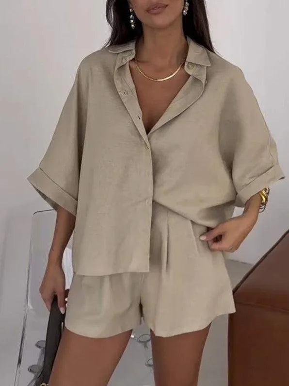 Summer Women's Casual Collar Half Sleeved Top Shorts Two-piece Set 2025 Solid Color Simple T-shirt Top+shorts Set For Wearing