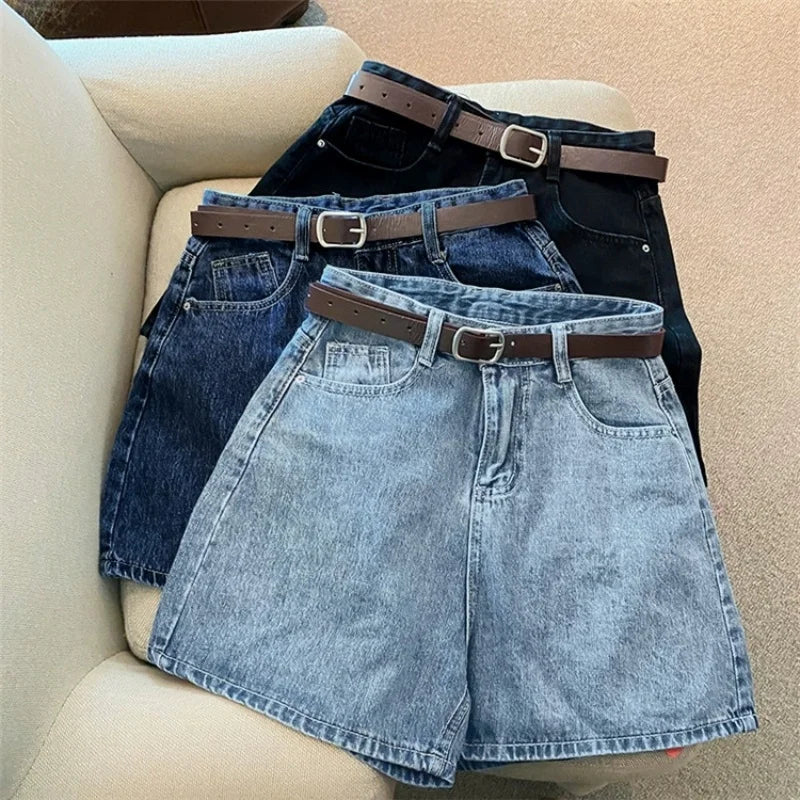 Denim shorts women summer new fashion ins high waist simple thin loose wide leg Jeans all match A-word hot pants