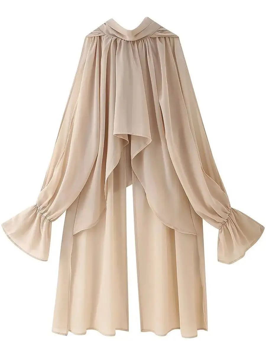 2025 Summer Women's Vintage Translucent Black Flare Sleeve Ruffles Tierred Shirts Lady Elegant Chiffon High Neck Layered Blouses