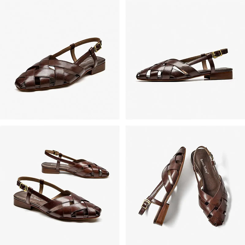 BEAUTODAY Gladiator Sandals Women Cow Leather Cross-tied Cover Pointed Toe Buckle Strap Flats Summer Ladies Shoes Handmade 33034