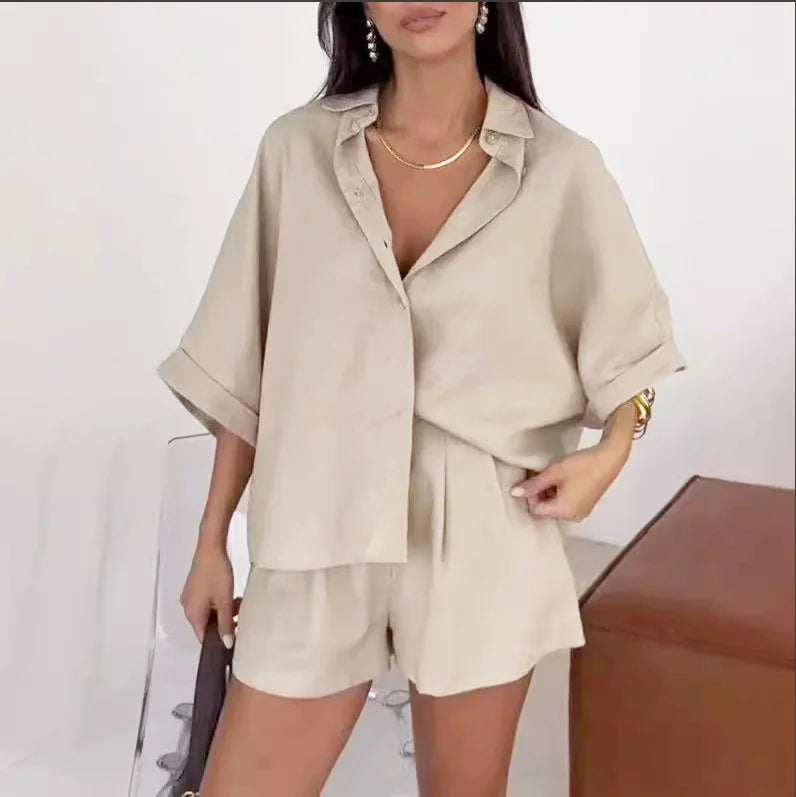 Summer Women's Casual Collar Half Sleeved Top Shorts Two-piece Set 2025 Solid Color Simple T-shirt Top+shorts Set For Wearing