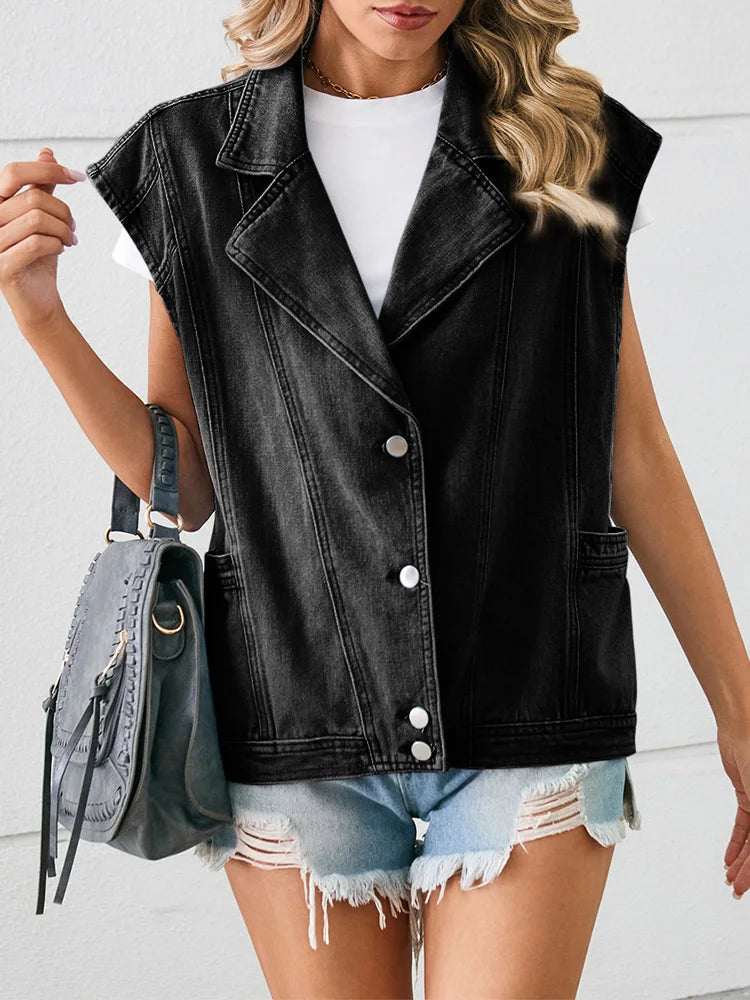 Benuynffy Notched Neck Washed Denim Vest Women Vintage Loose Single Breasted Sleeveless Jeans Vest Jacket Woman Spring New 2024