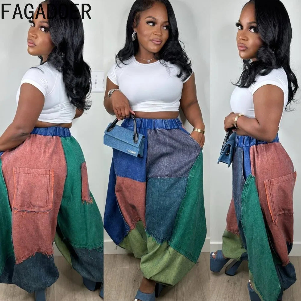 FAGADOER Fashion Color Block Denim Pants Women Pockets Patchwork Loose Wide Leg Jeans Female Streetwear Trousers 2025 Autumn New