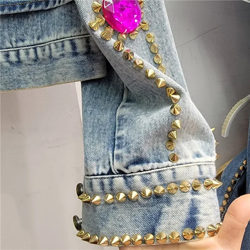 Streetwear Diamonds Rivet Big Pocket Long Sleeve Denim Jacket Women Casual Cowboy Outerwear Loose Short Jeans Jacket Coat Female
