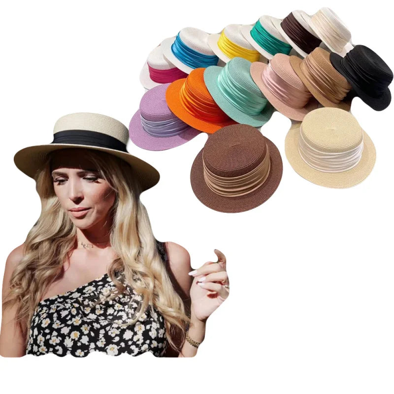 Woman 5cm Wide Brim Straw Top Hat Female Sunshade Billycock Advanced Satin Decorative Outdoor Sun Beach Caps