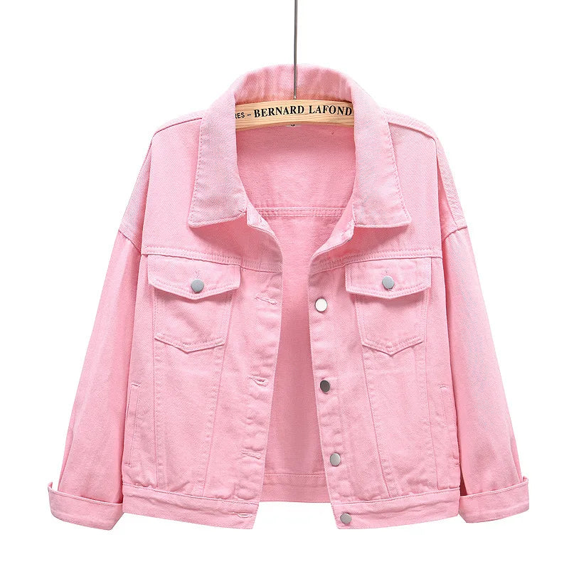 Pink Denim Jacket Women's Spring Autumn Single-breasted Lapel Coat Fashion Green Black Red Blue Outerwear Female Jean Overcoat