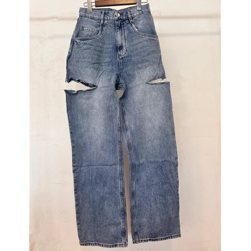 Dave&Di Summer British High Street Retro Loose Jeans With High Waist Wide Legs Broken Jeans For Women Boyfriend Style Mom Jeans