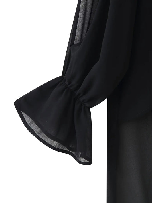 2025 Summer Women's Vintage Translucent Black Flare Sleeve Ruffles Tierred Shirts Lady Elegant Chiffon High Neck Layered Blouses
