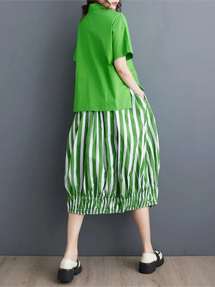 Summer Striped Print 2 Two Piece Set Women Irregular Patchwork Fashion Ladies Cropped Shirts Loose Casual Pleated Woman Skirts