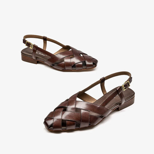 BEAUTODAY Gladiator Sandals Women Cow Leather Cross-tied Cover Pointed Toe Buckle Strap Flats Summer Ladies Shoes Handmade 33034