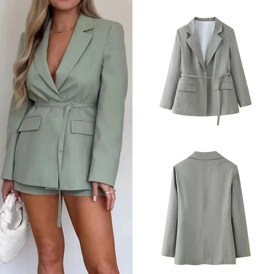 Elegant Lapel Coat Women's Long Sleeve Pocket Tie Women's Coat Summer Chic Office Women's Coat