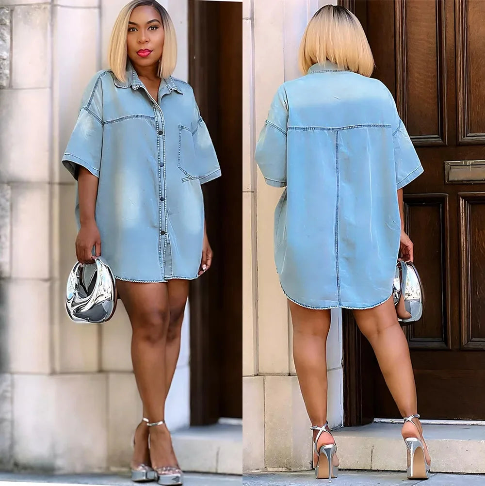 Ladies' Casual Denim Short-sleeved Shirt. Summer's New Street Fashion Loose Denim Patchwork Cardigan Top with Pocket for Women