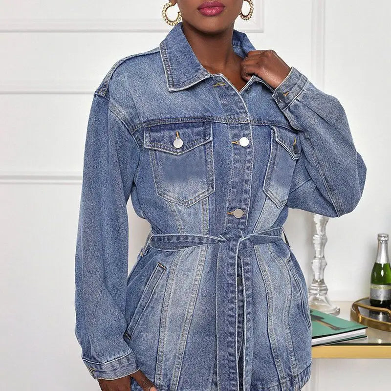 Denim Coat Women Mid Length Coats Turn Down Collar Y2k Jackets Open Stitch Lace Up High Waist Single Breasted Jackets Streetwear