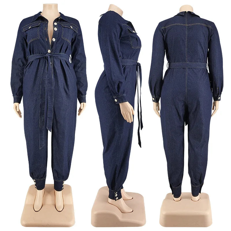 Streetwear Women Plus Size Denim Jumpsuits Turn-down Collar Single-breasted High Waist Sashes Pure Color Rompers 2021 Autumn