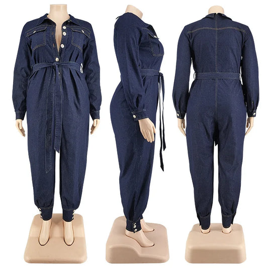 Streetwear Women Plus Size Denim Jumpsuits Turn-down Collar Single-breasted High Waist Sashes Pure Color Rompers 2021 Autumn