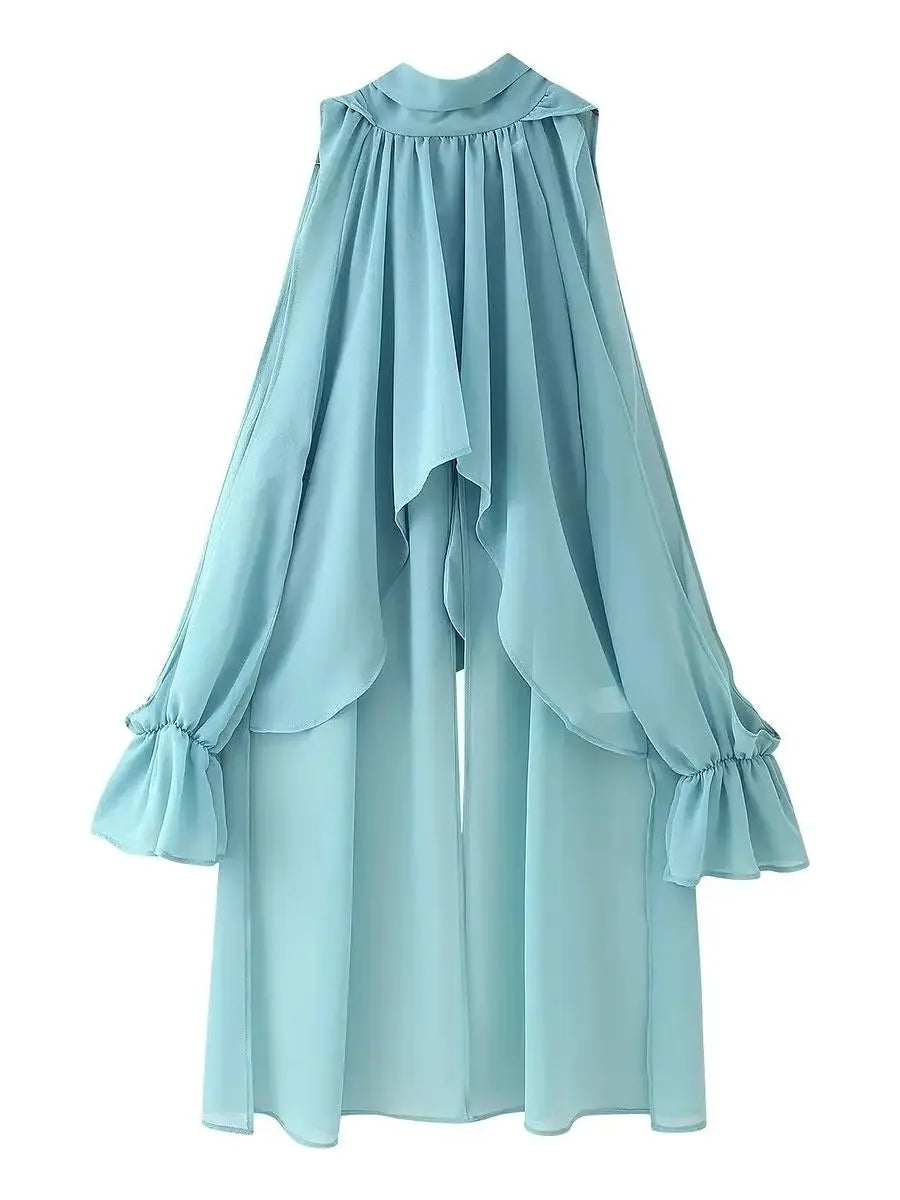 2025 Summer Women's Vintage Translucent Black Flare Sleeve Ruffles Tierred Shirts Lady Elegant Chiffon High Neck Layered Blouses